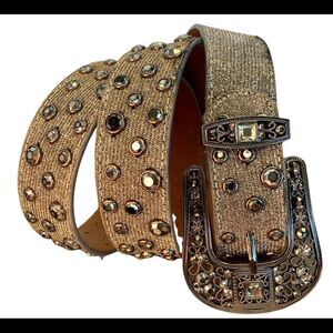 Bronze charcoal gold glitter rhinestone embellished leather western belt size XL